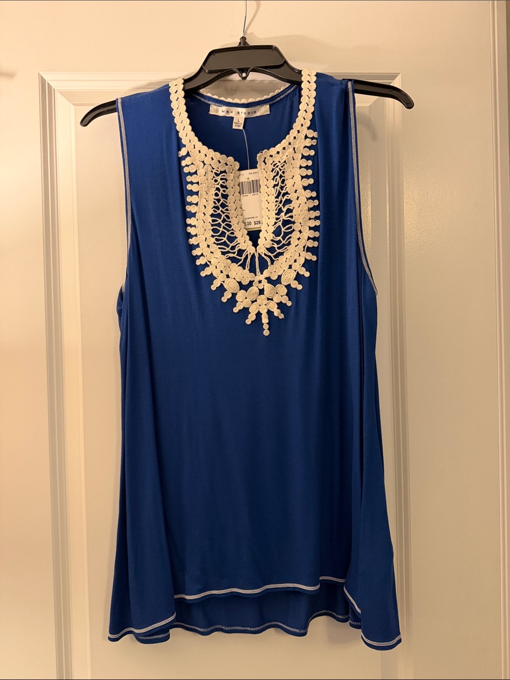 Max Studio Royal Blue Tank with Cream Crochet Neckline